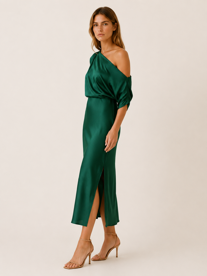 Green Asymmetrical Midi Dress with Side Slit – side view