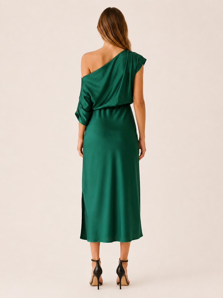 Green Asymmetrical Midi Dress with Side Slit – back view