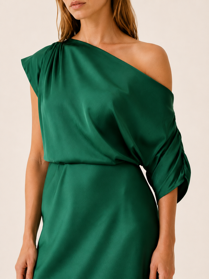 Green Asymmetrical Midi Dress with Side Slit – detail view
