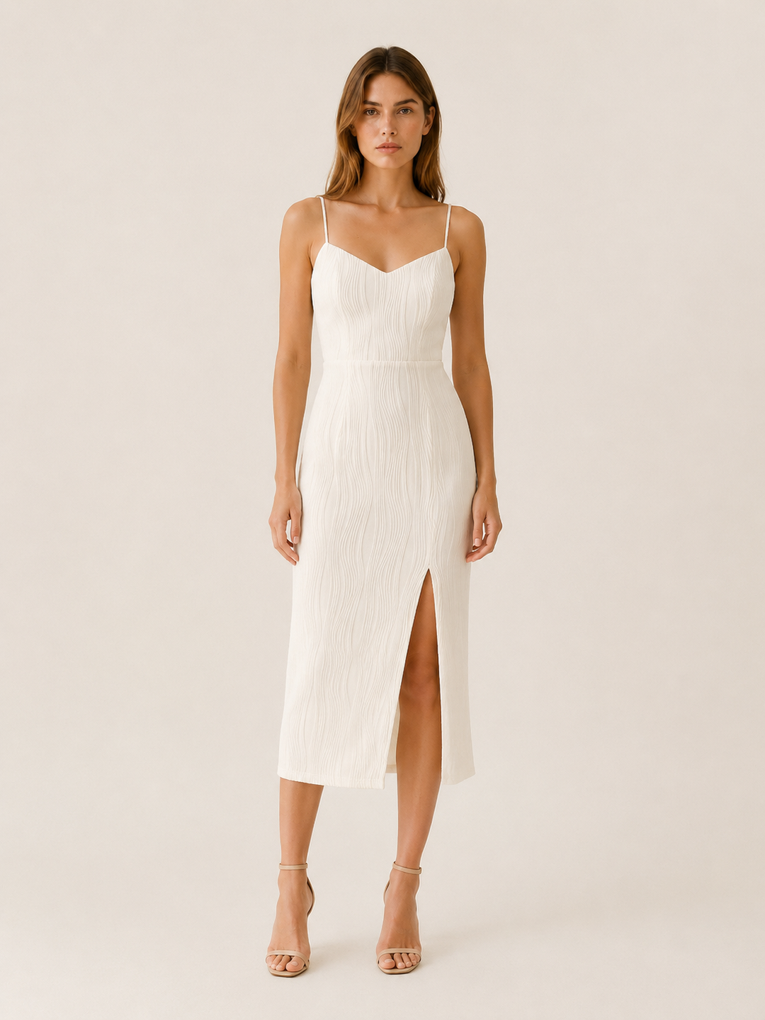 White Pearl Strap Midi Dress with Side Slit – front view