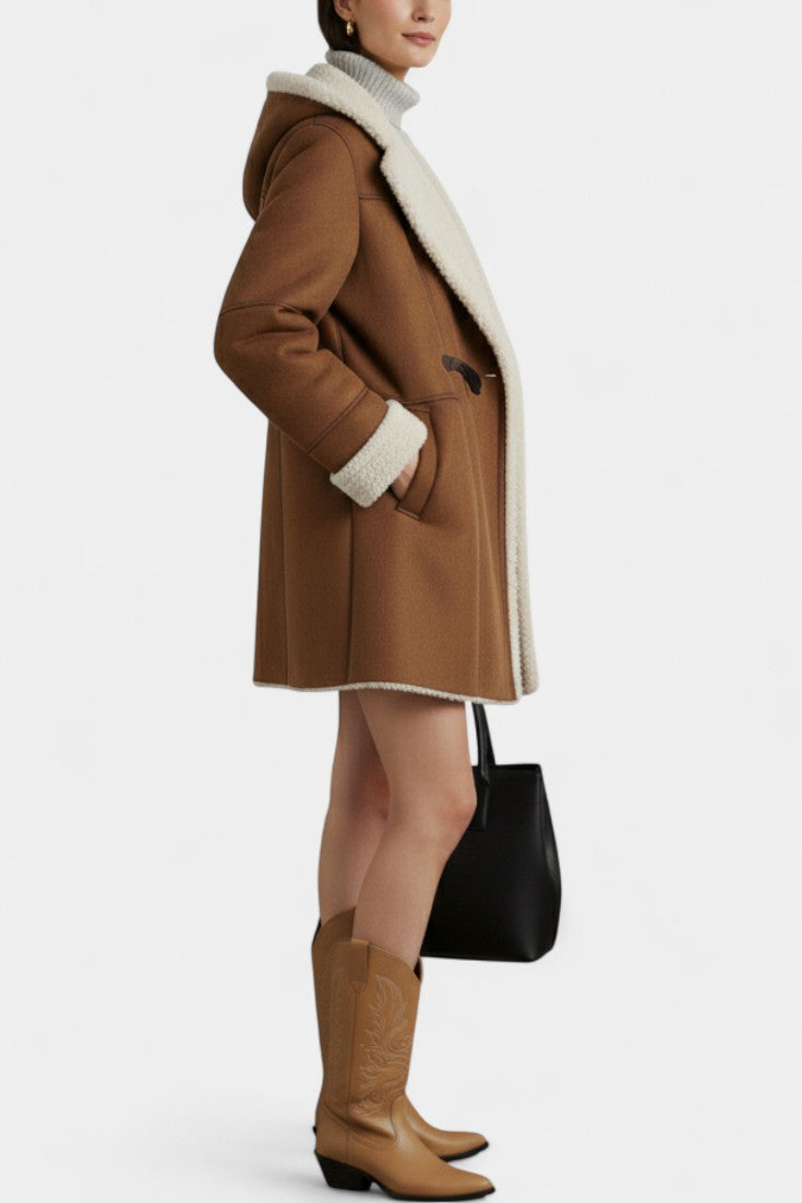 Katja casual coat back view with hood down