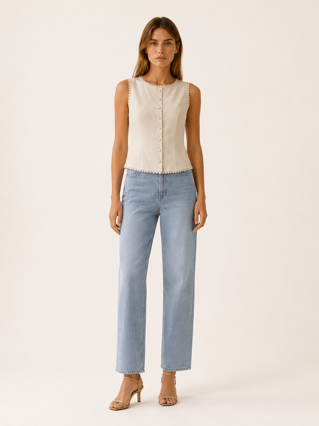 Apricot Button Vest with Boat Neck and Lace Trim – front view