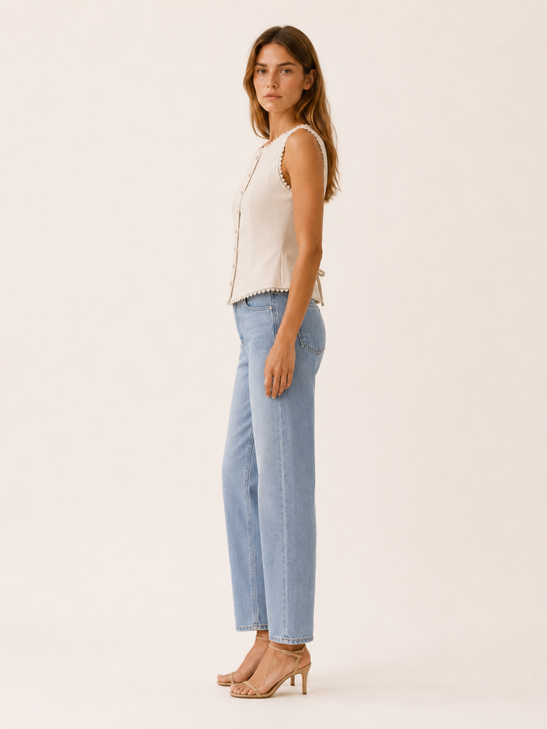 Apricot Button Vest with Boat Neck and Lace Trim – back view