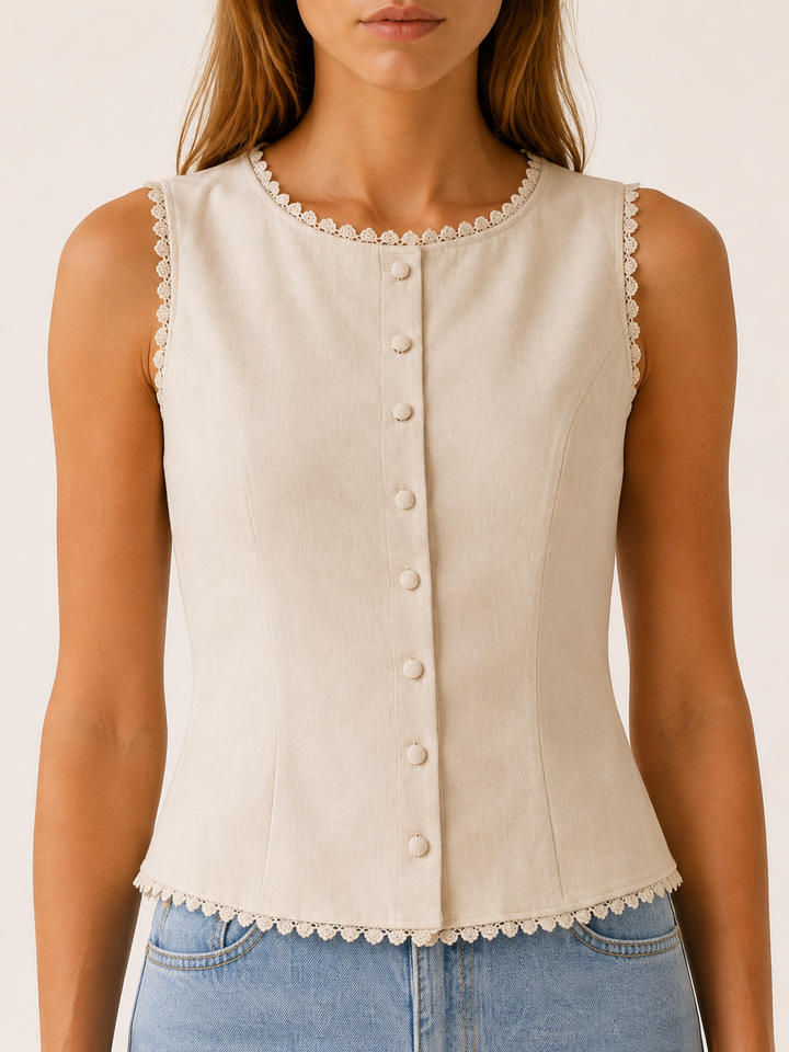 Apricot Button Vest with Boat Neck and Lace Trim – detail view