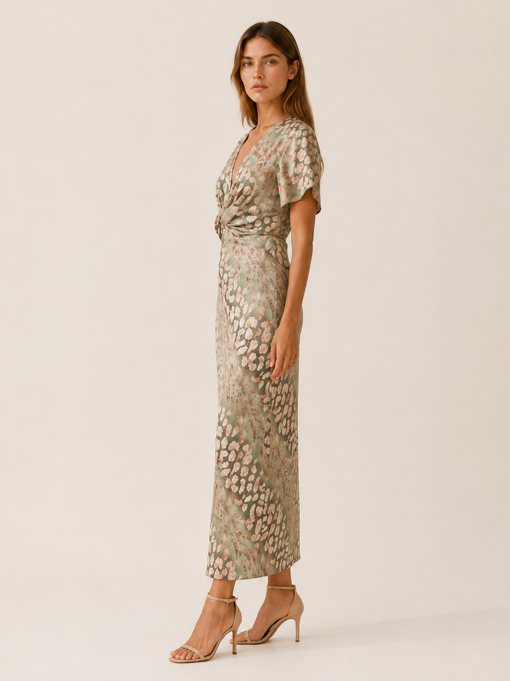 Green V-Neck Maxi Dress with Elegant Draping – side view