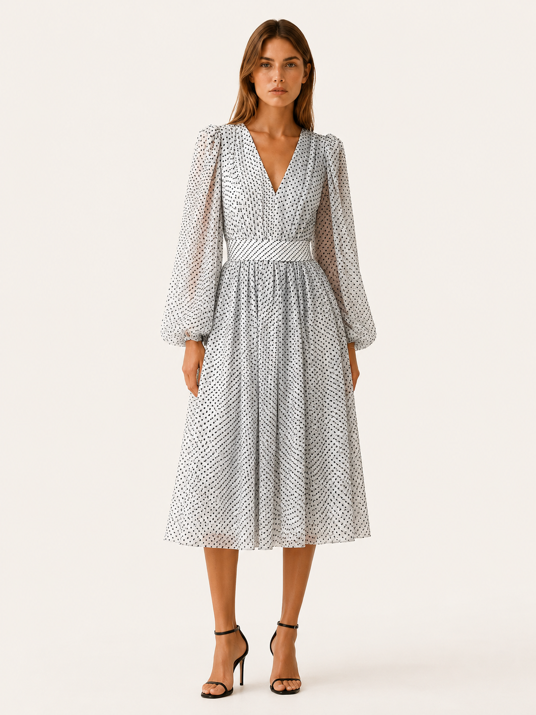 White Polka Dot Midi Dress with V Neck and Balloon Sleeves – front view