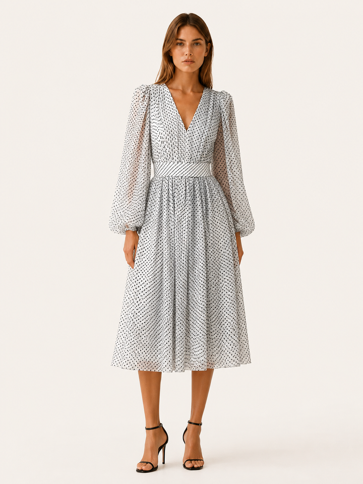 White Polka Dot Midi Dress with V Neck and Balloon Sleeves – front view