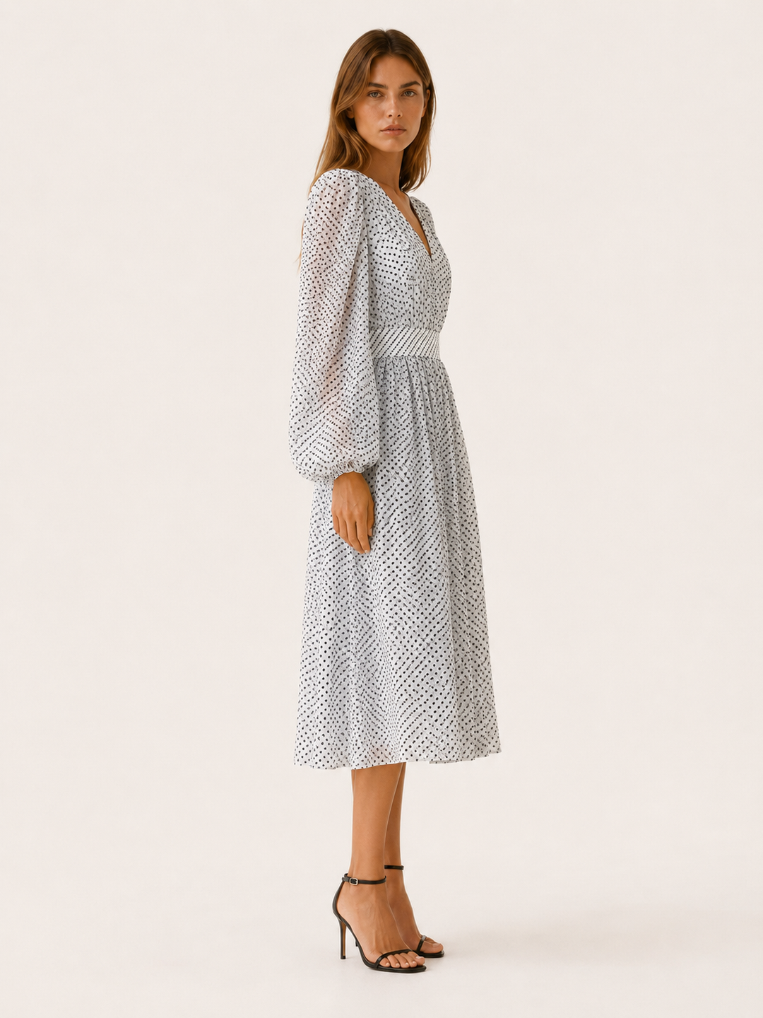 Khaki Polka Dot Midi Dress with V Neck and Balloon Sleeves – side view