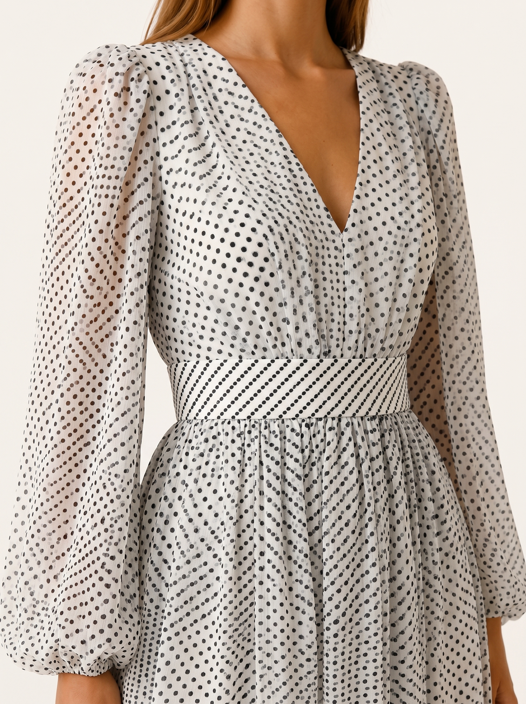 White Polka Dot Midi Dress with V Neck and Balloon Sleeves – back view