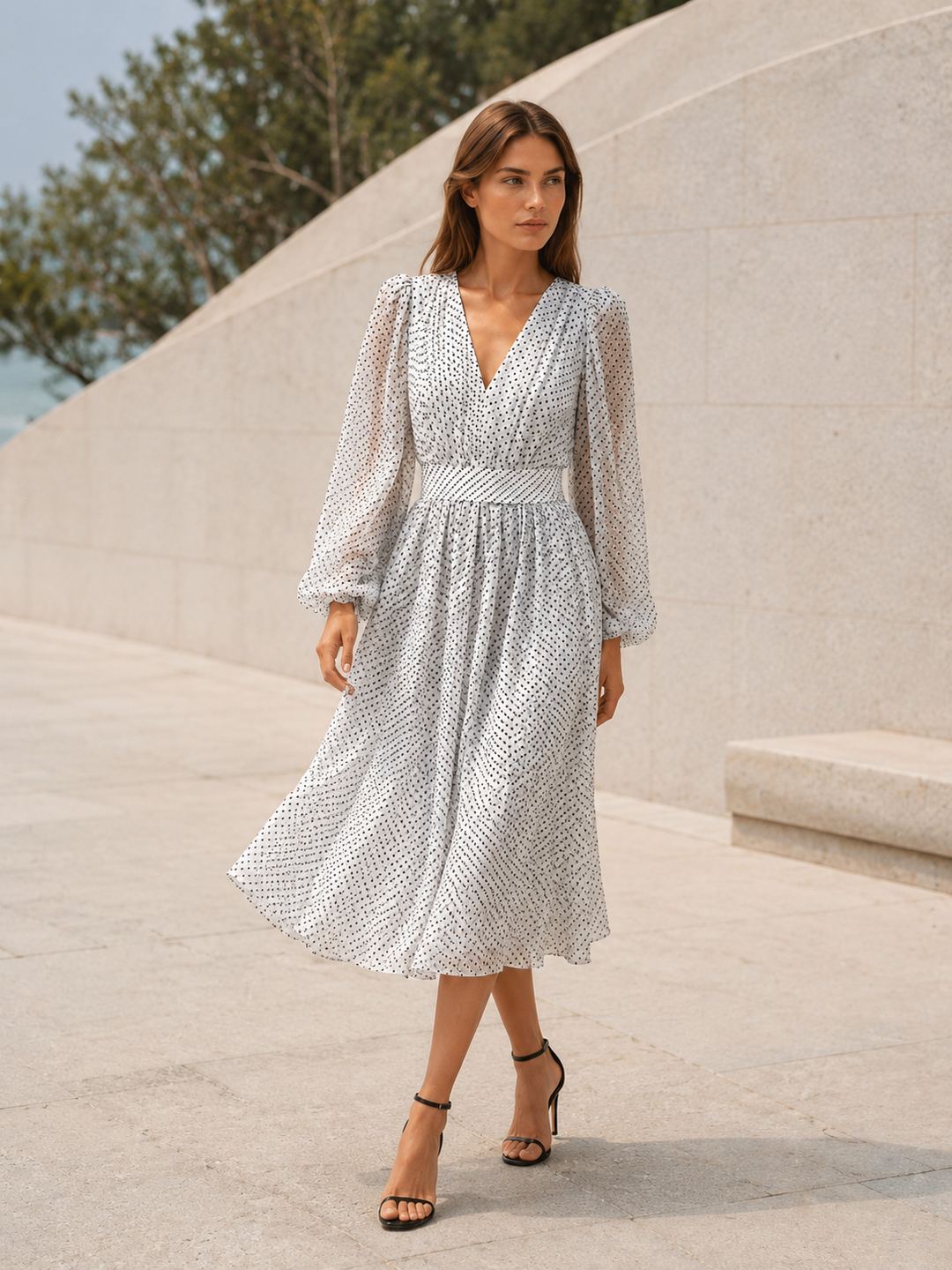 Khaki Polka Dot Midi Dress with V Neck and Balloon Sleeves – detail view