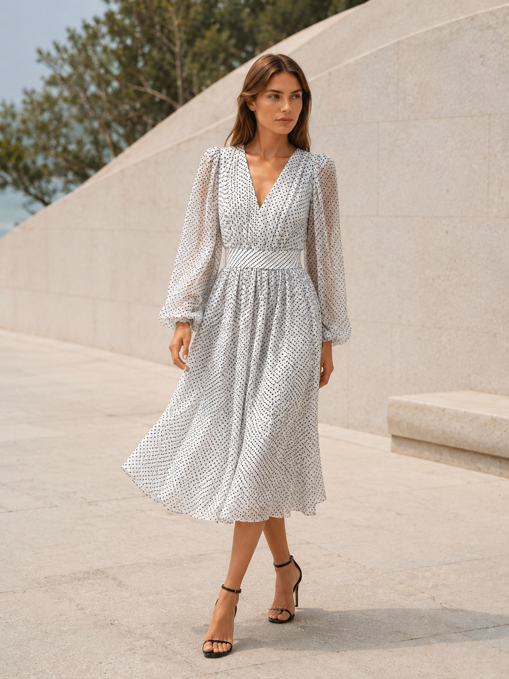 Khaki Polka Dot Midi Dress with V Neck and Balloon Sleeves – detail view