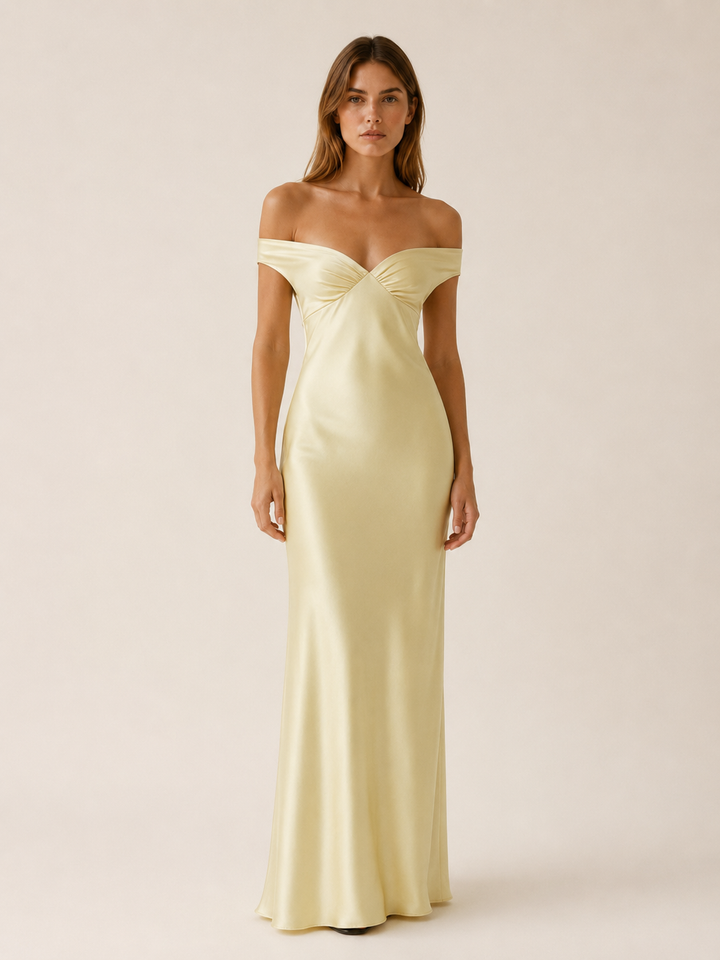 Yellow Off Shoulder Maxi Dress with Fitted Bodice – front view