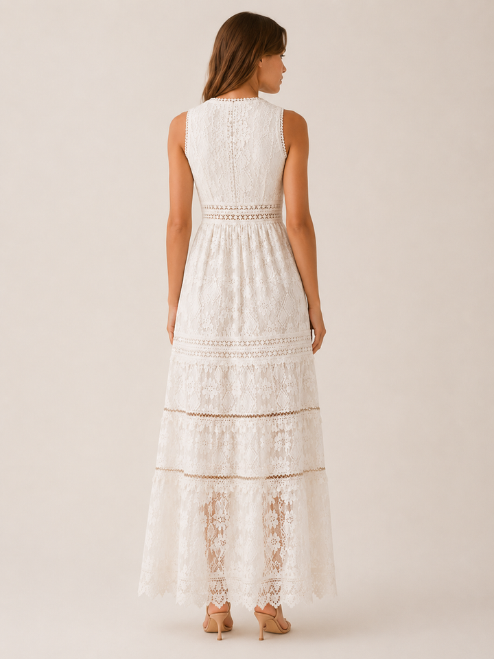 Beige Bohemian Maxi Dress with Lace Detail – side view