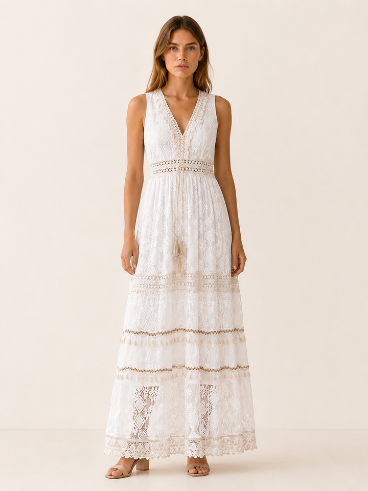 White Bohemian Maxi Dress with Lace Detail – back view