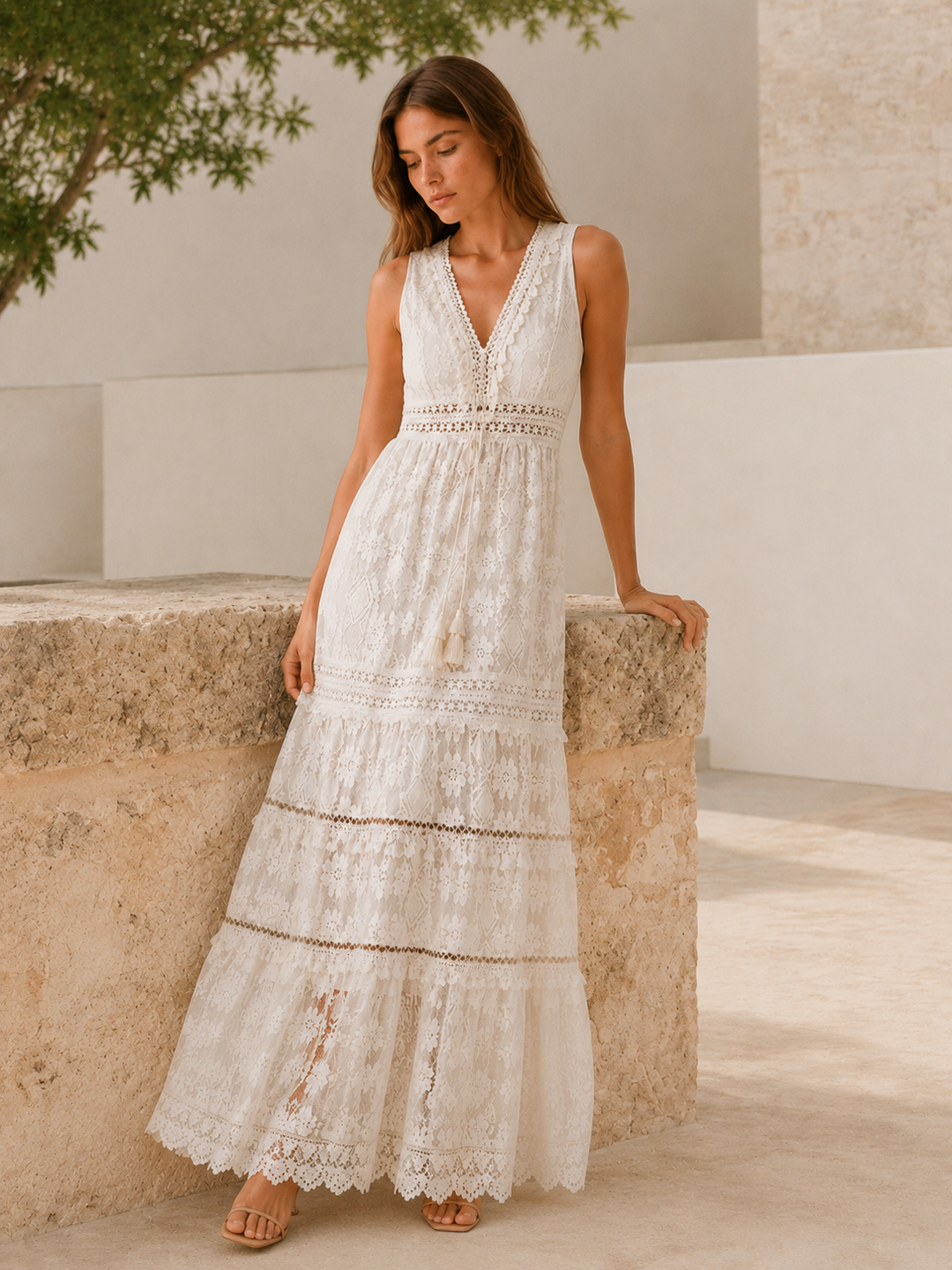 Beige Bohemian Maxi Dress with Lace Detail – detail view