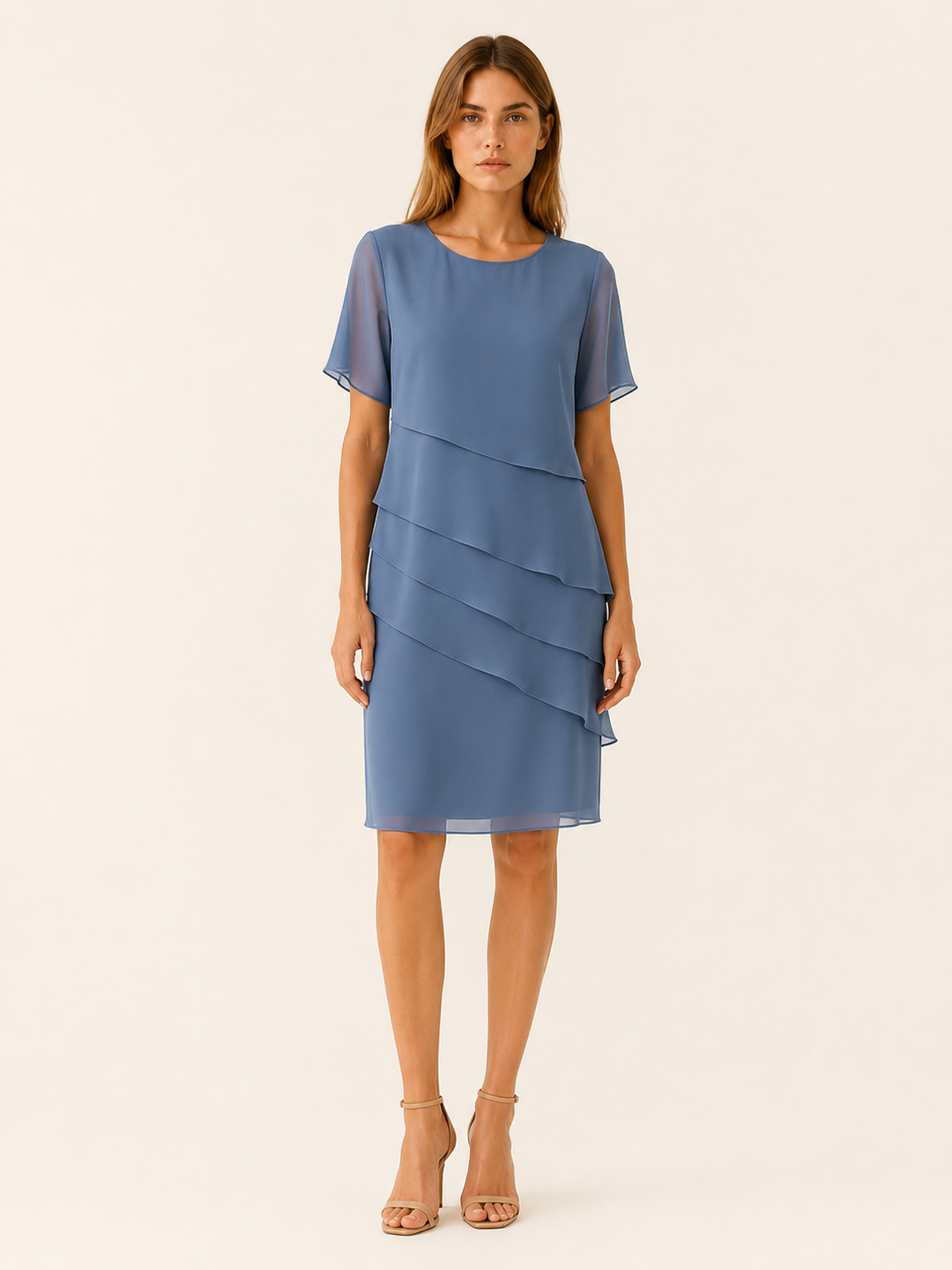 Blue Layered Midi Dress with Short Sleeves – front view