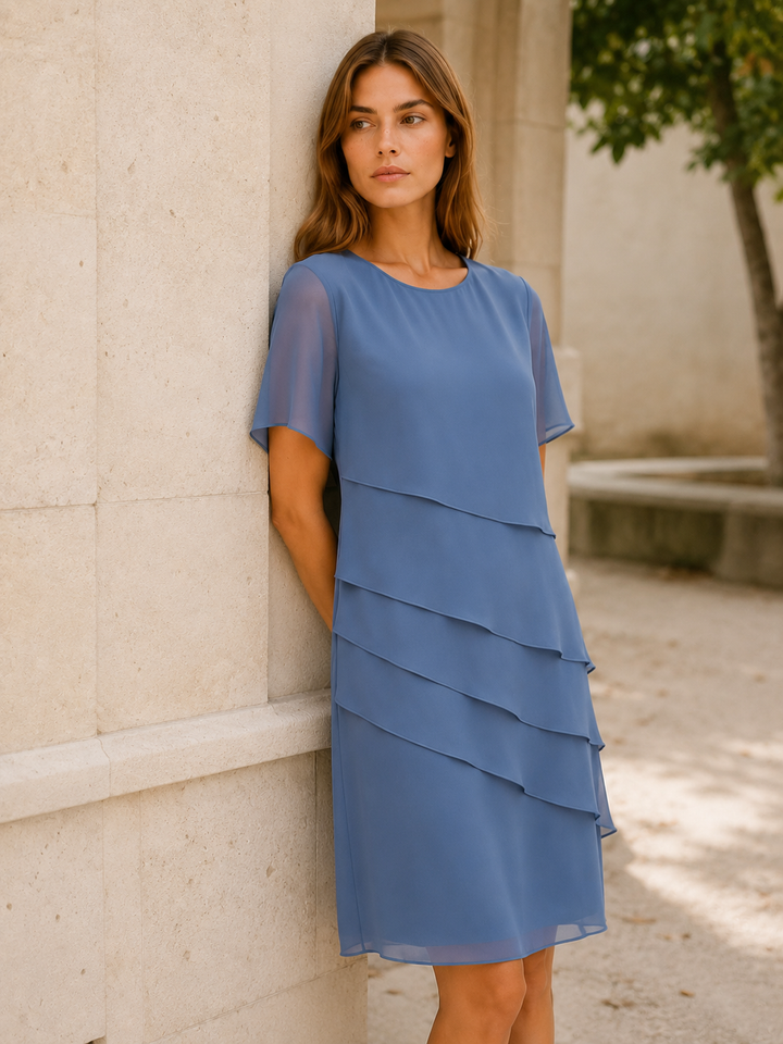 Blue Layered Midi Dress with Short Sleeves – close-up