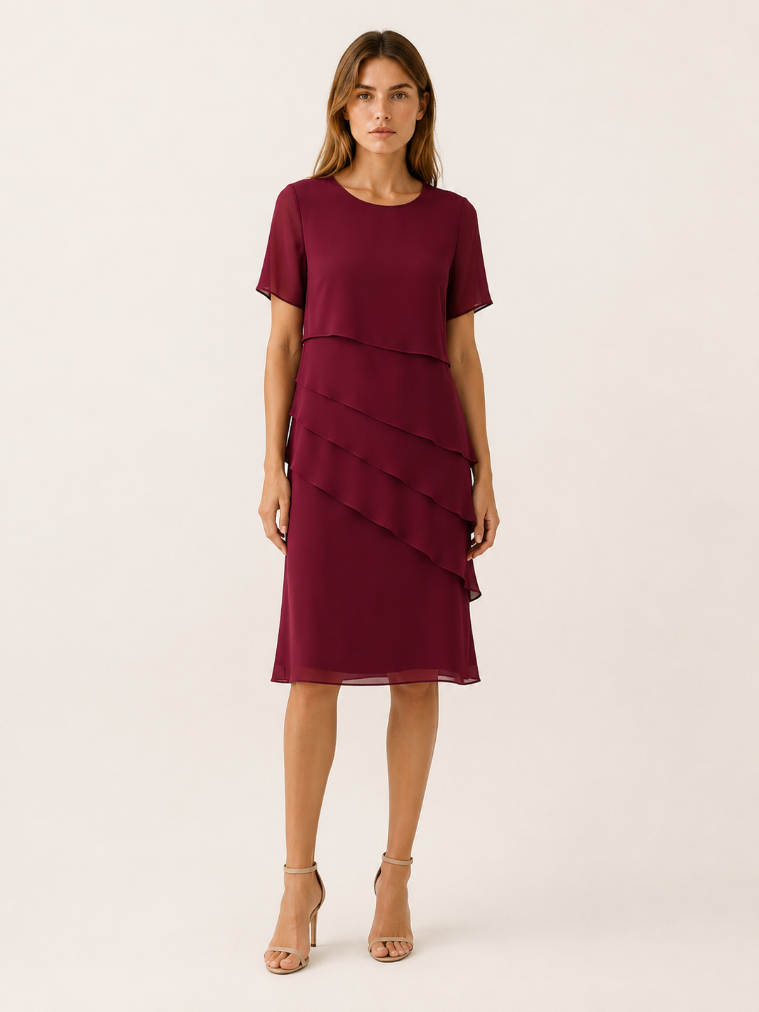 Red Layered Midi Dress with Short Sleeves – lifestyle