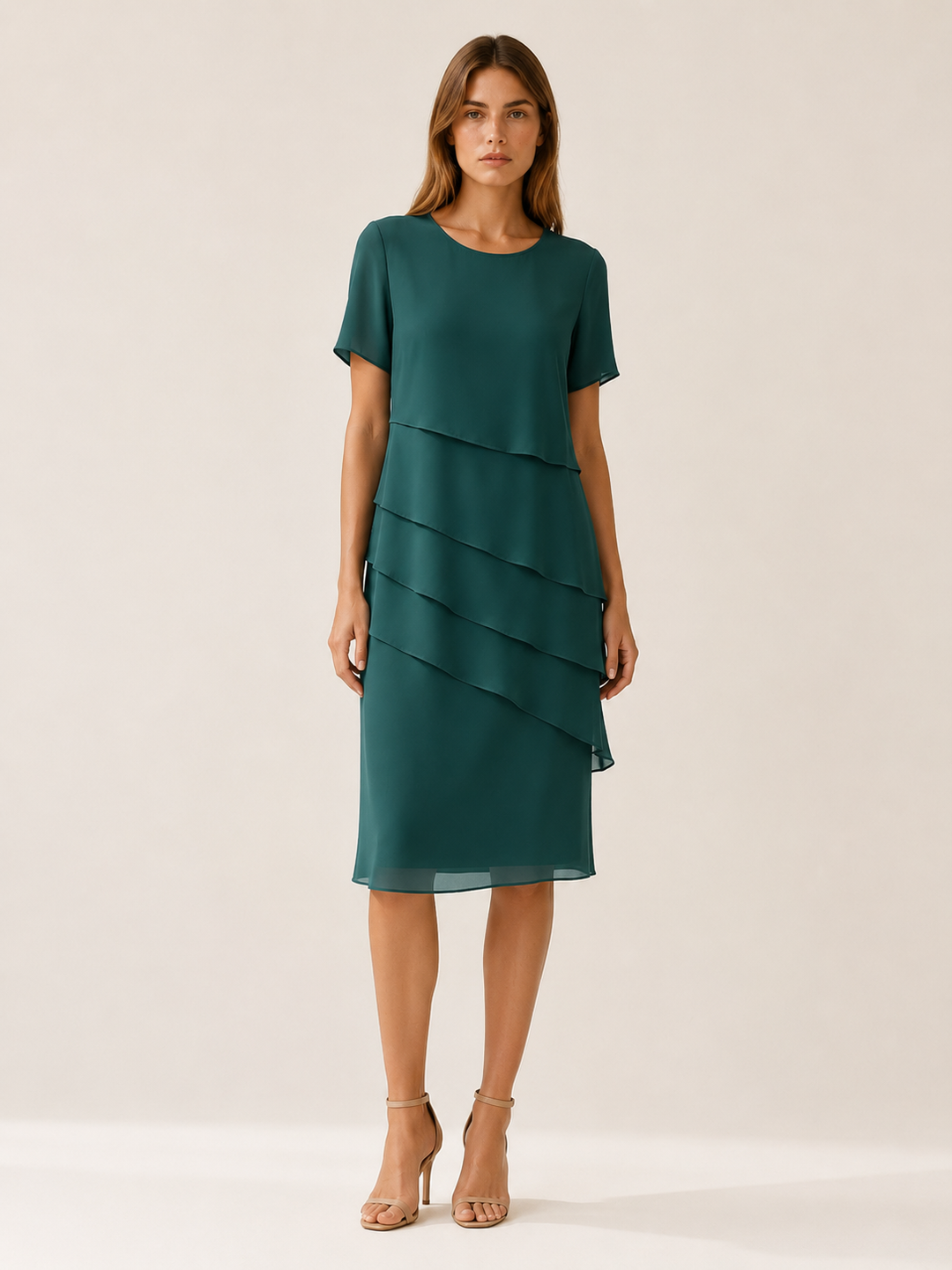 Blue Layered Midi Dress with Short Sleeves – full length view