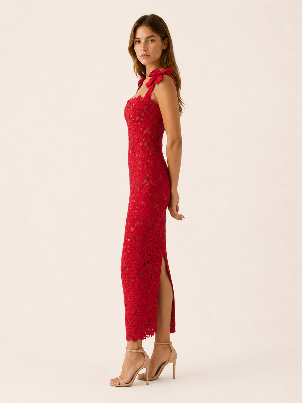 Red Lace Maxi Dress with Bow Straps and Back Slit – side view