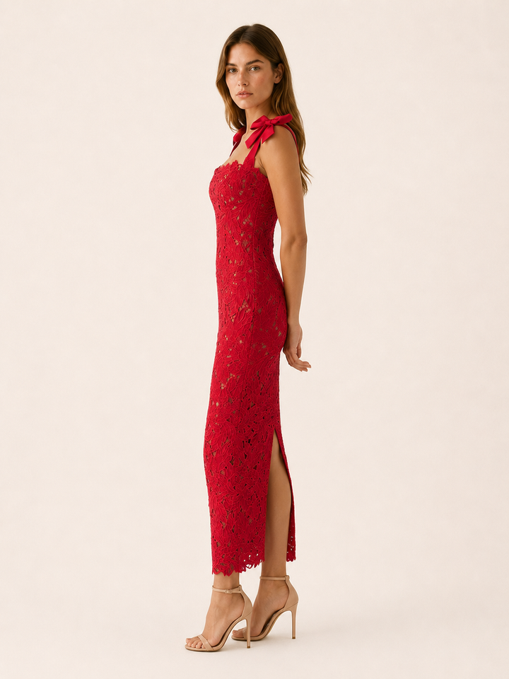 Red Lace Maxi Dress with Bow Straps and Back Slit – side view