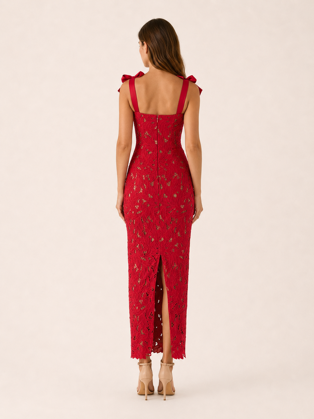 Red Lace Maxi Dress with Bow Straps and Back Slit – back view