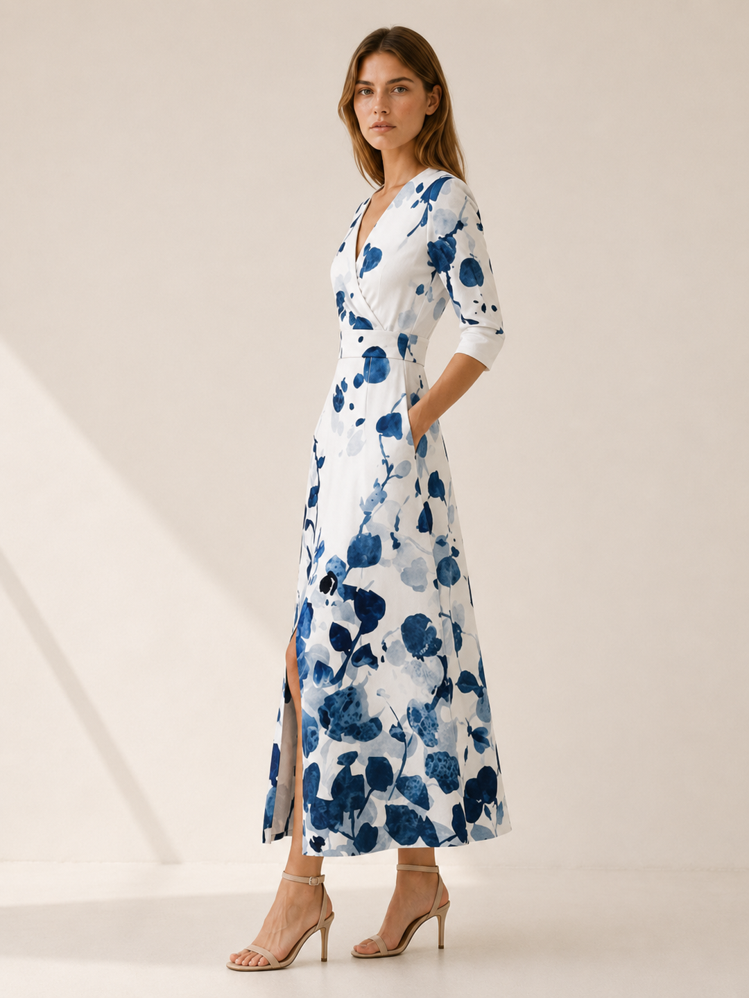 White Floral Maxi Dress with V Neck and Front Slit – side view
