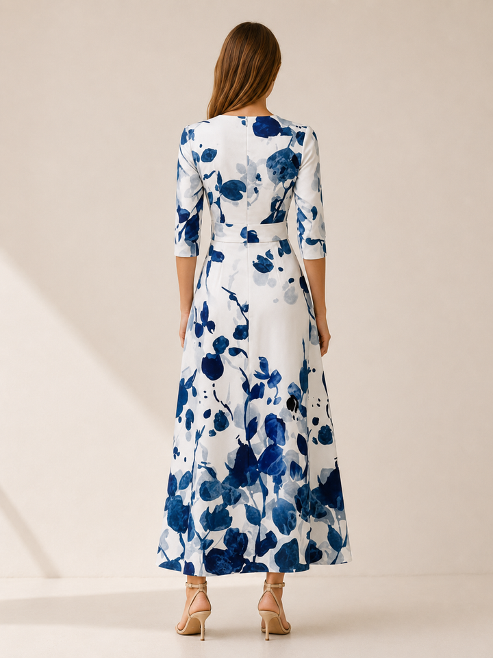 White Floral Maxi Dress with V Neck and Front Slit – back view