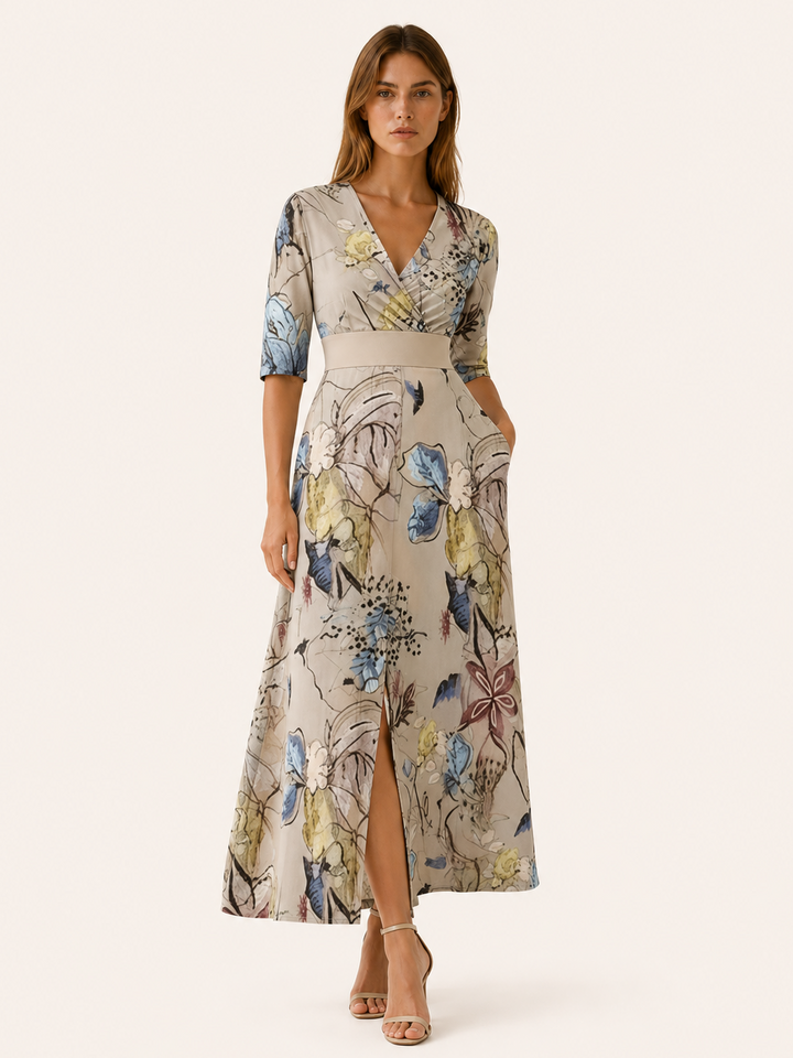 White Floral Maxi Dress with V Neck and Front Slit – angled view