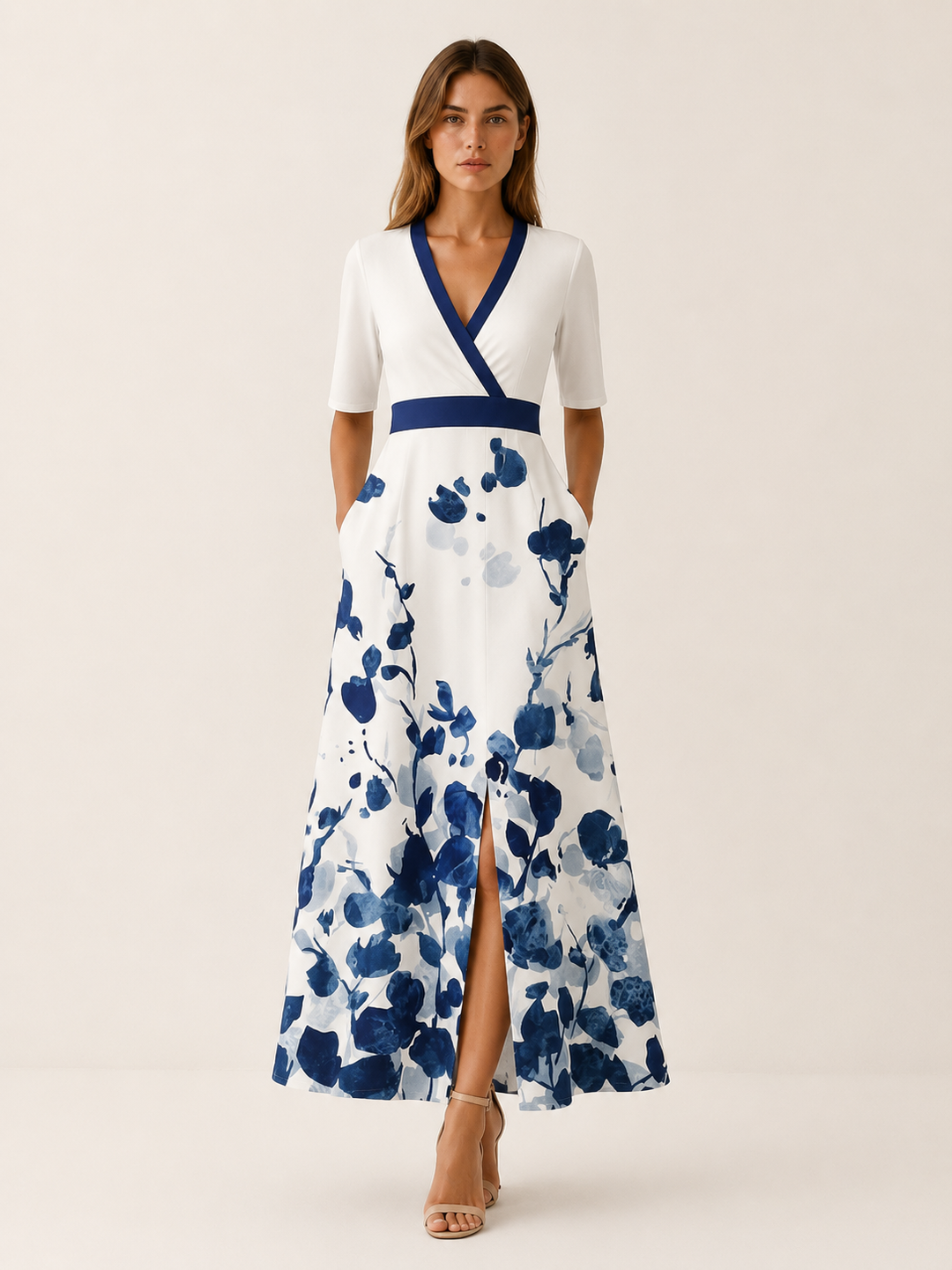 White Floral Maxi Dress with V Neck and Front Slit – editorial view