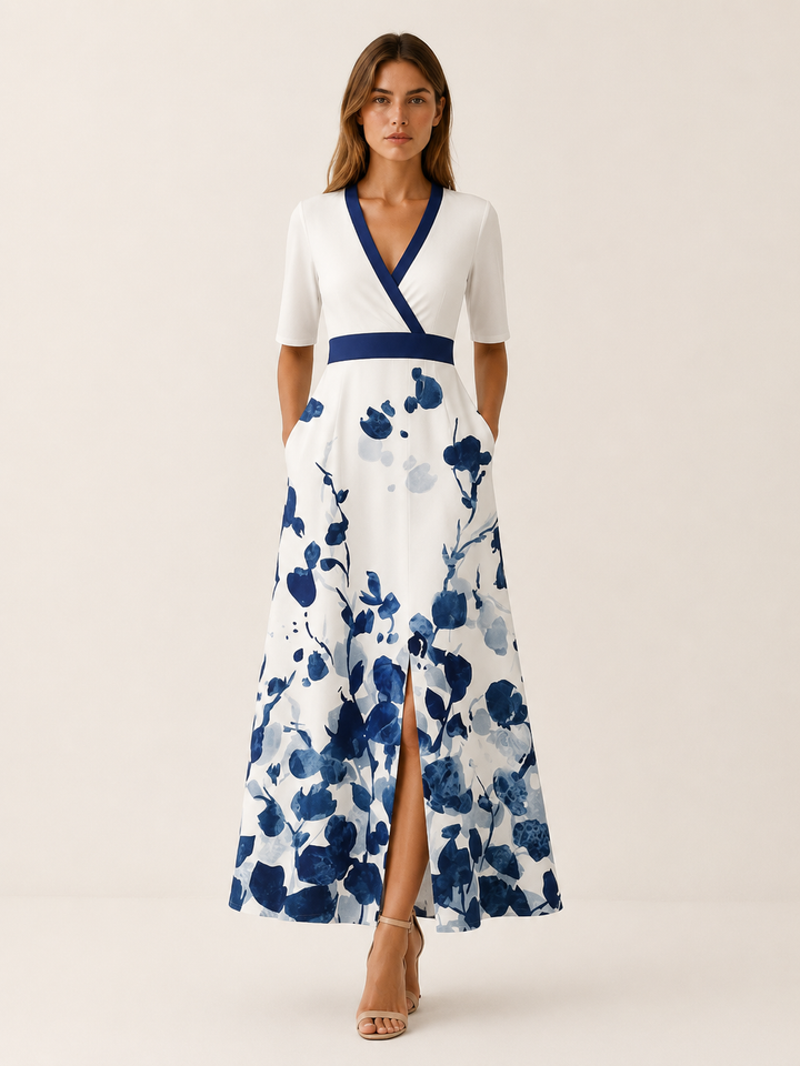 White Floral Maxi Dress with V Neck and Front Slit – editorial view