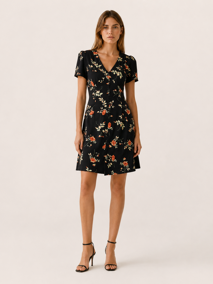 Black Floral Mini Dress with Button Front – front view