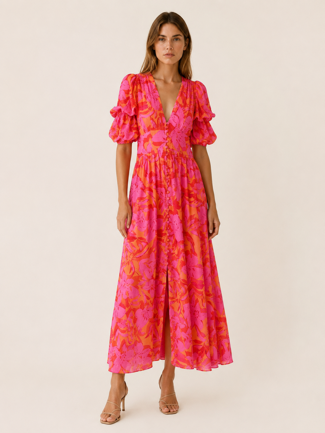 Pink Floral Maxi Dress with Puff Sleeves – front view