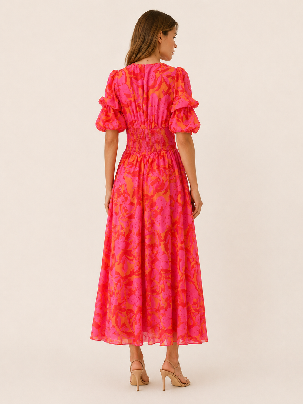 Pink Floral Maxi Dress with Puff Sleeves – side view