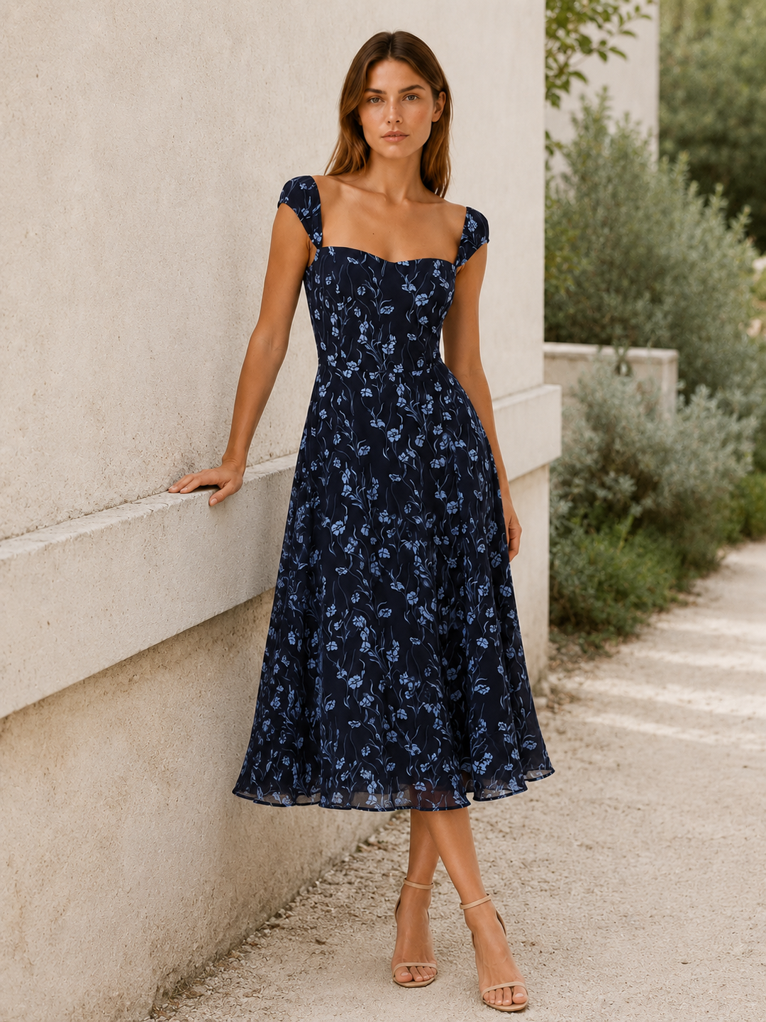 Navy Floral Midi Dress with Sweetheart Neckline – back view