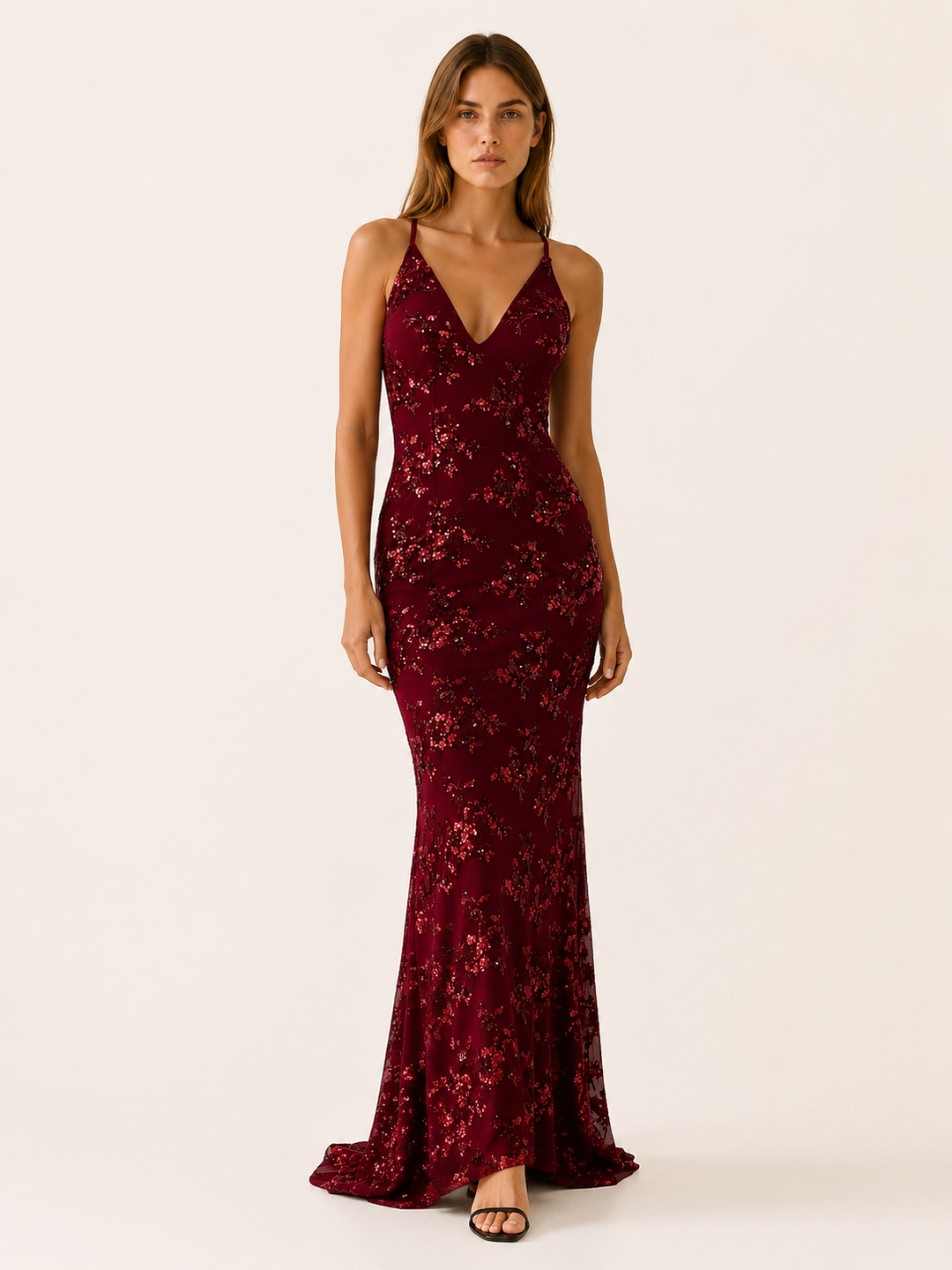 Wine Red Sequin Maxi Dress with Fitted Silhouette – front view