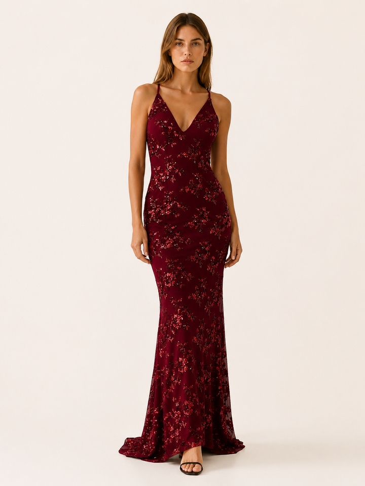 Wine Red Sequin Maxi Dress with Fitted Silhouette – front view