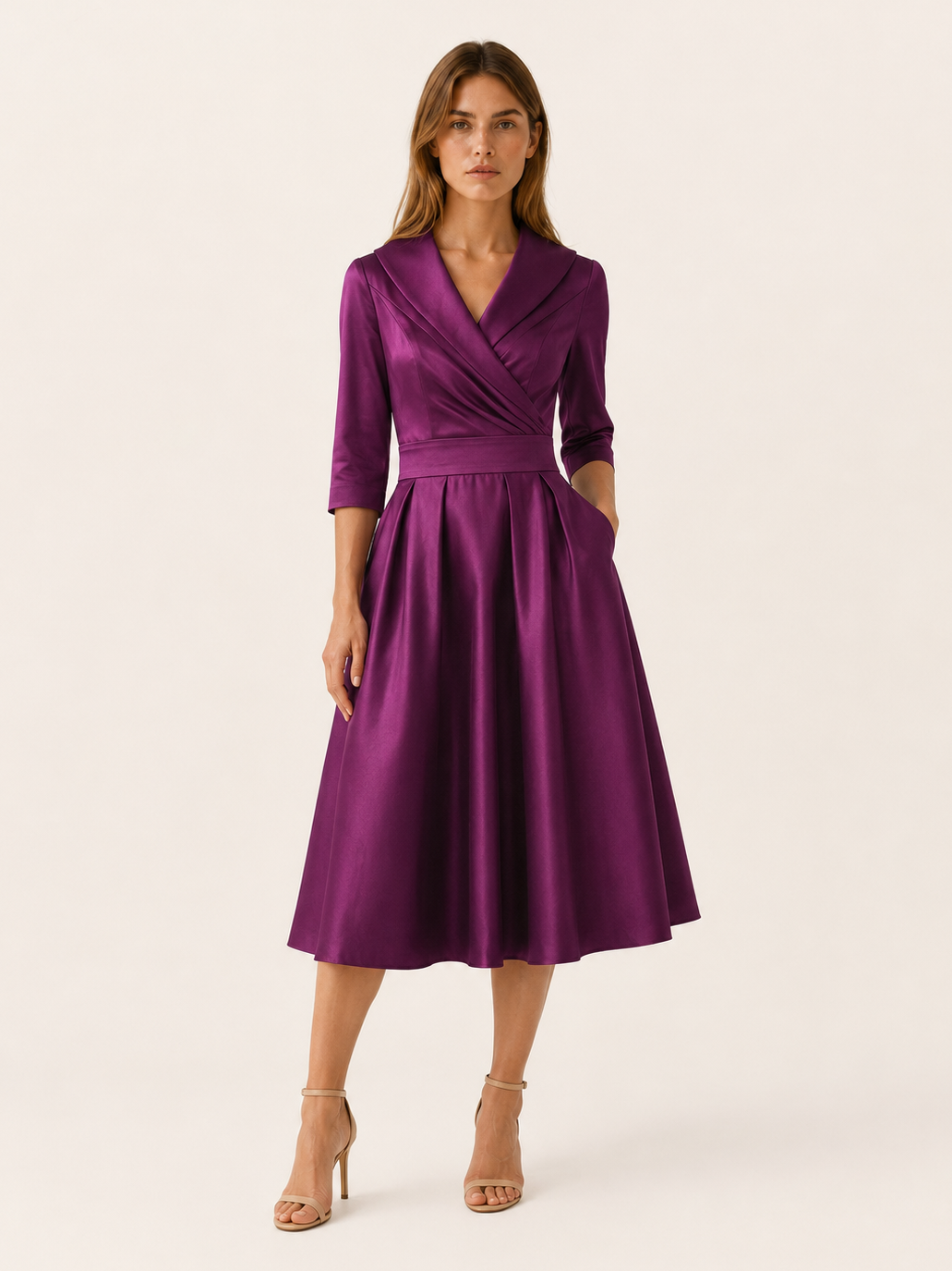 Burgundy Wrap Midi Dress with Pleated Skirt – angled view