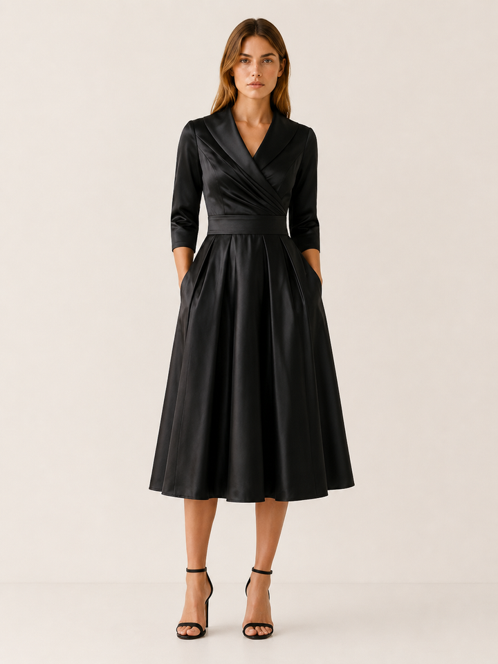 Blue Wrap Midi Dress with Pleated Skirt – model view
