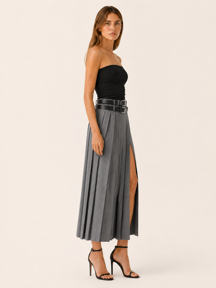 Black Pleated Maxi Skirt with Side Split – side view