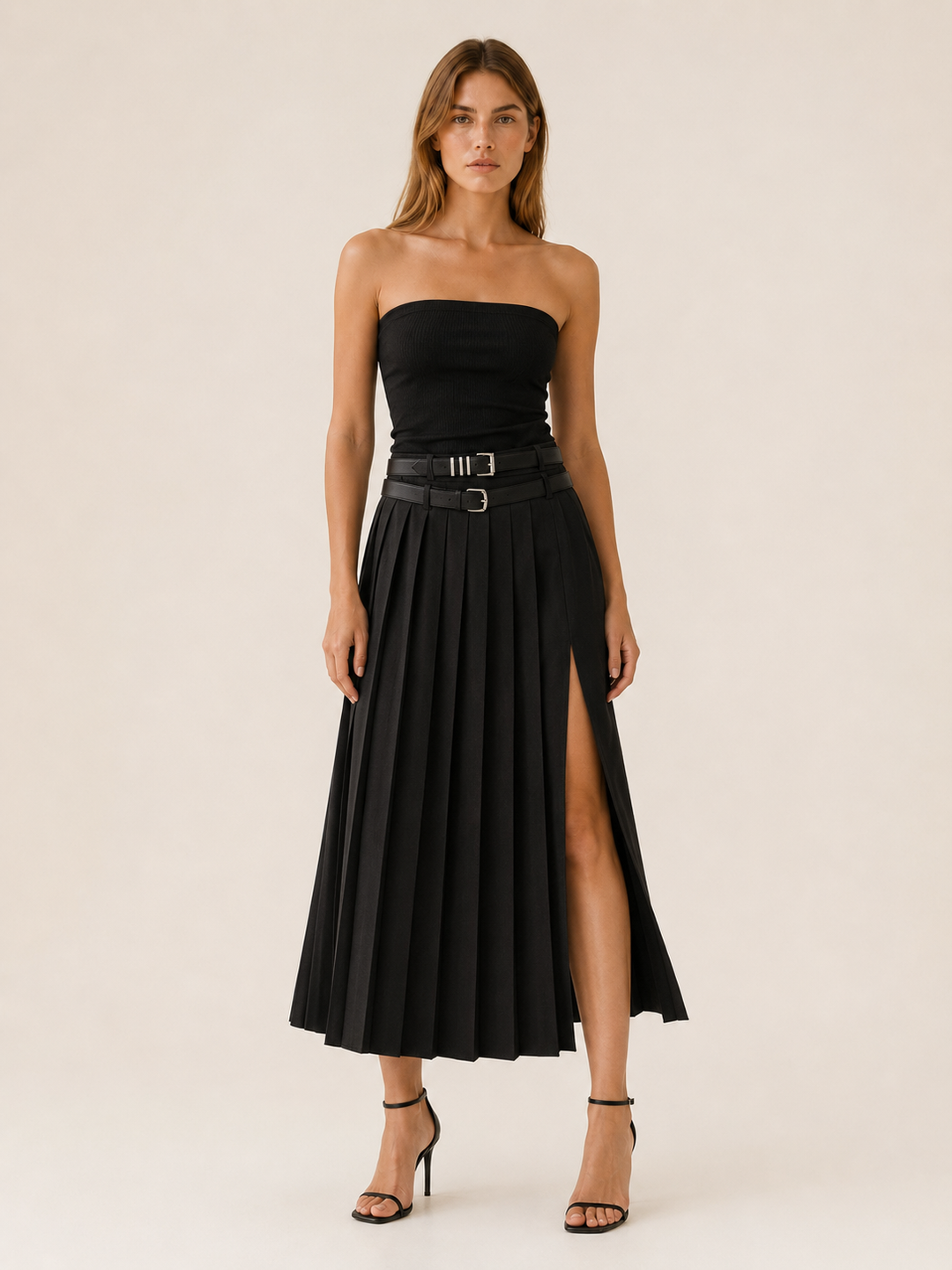 Black Pleated Maxi Skirt with Side Split – lifestyle