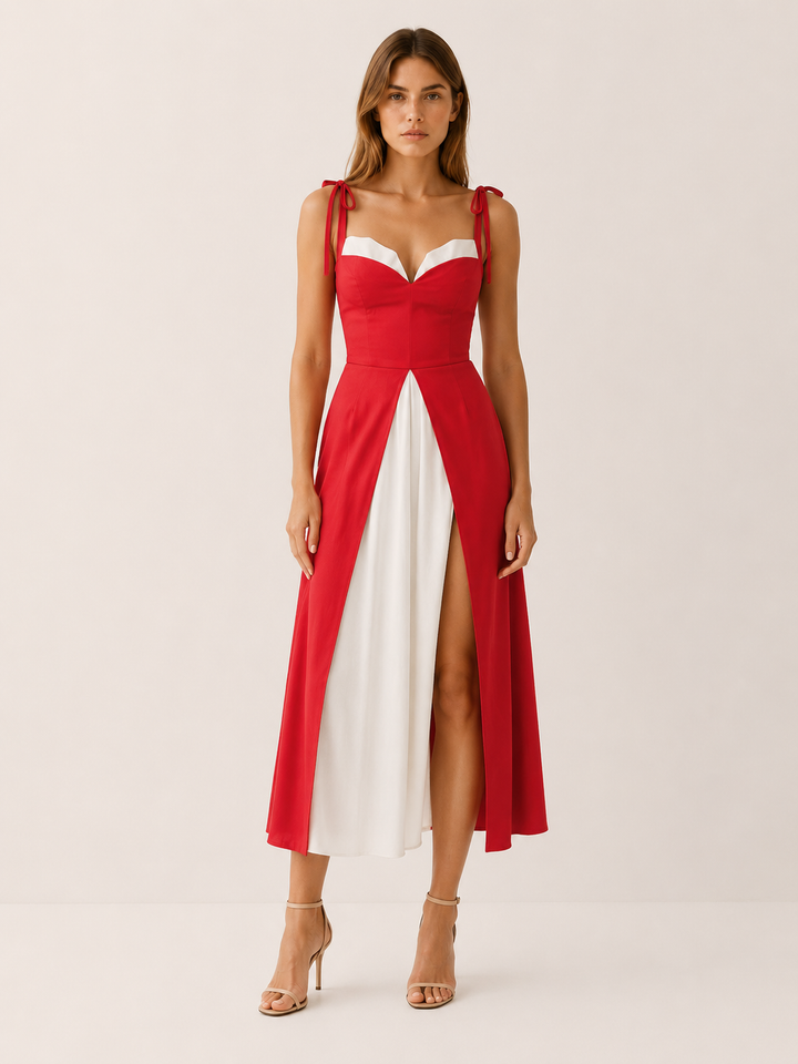 Light Blue Sweetheart Midi Dress with Tie Shoulders and Slit – full length view