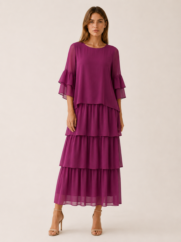 Dark Magenta Tiered Maxi Dress with Round Neck – front view