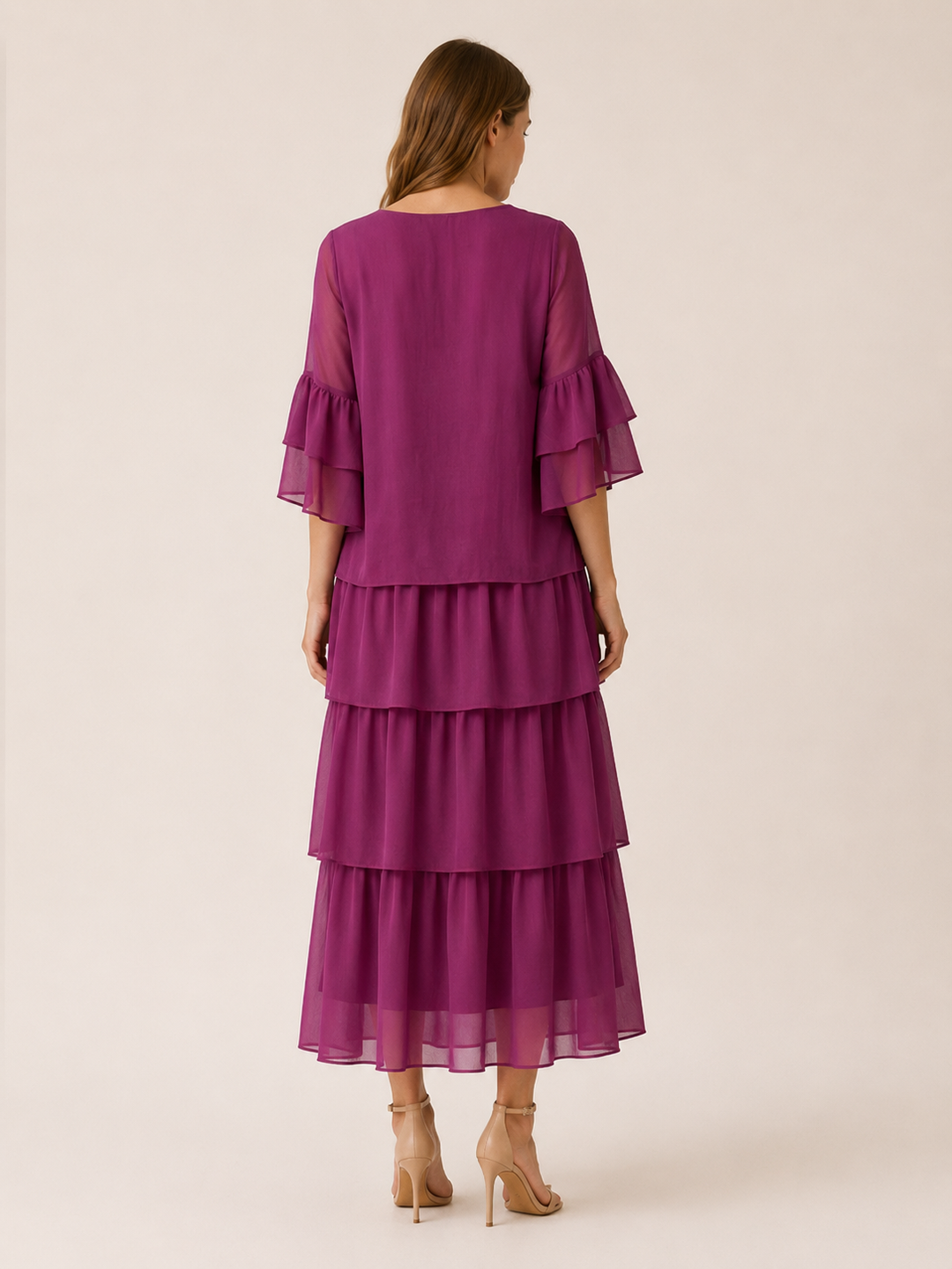 Dark Magenta Tiered Maxi Dress with Round Neck – back view