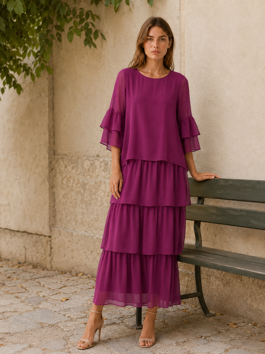 Green Tiered Maxi Dress with Round Neck – close-up