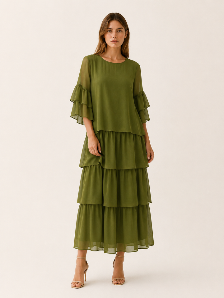 Dark Magenta Tiered Maxi Dress with Round Neck – lifestyle