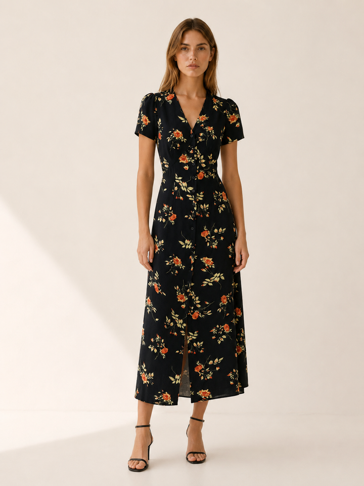 Black Floral Maxi Dress with Button Front – front view