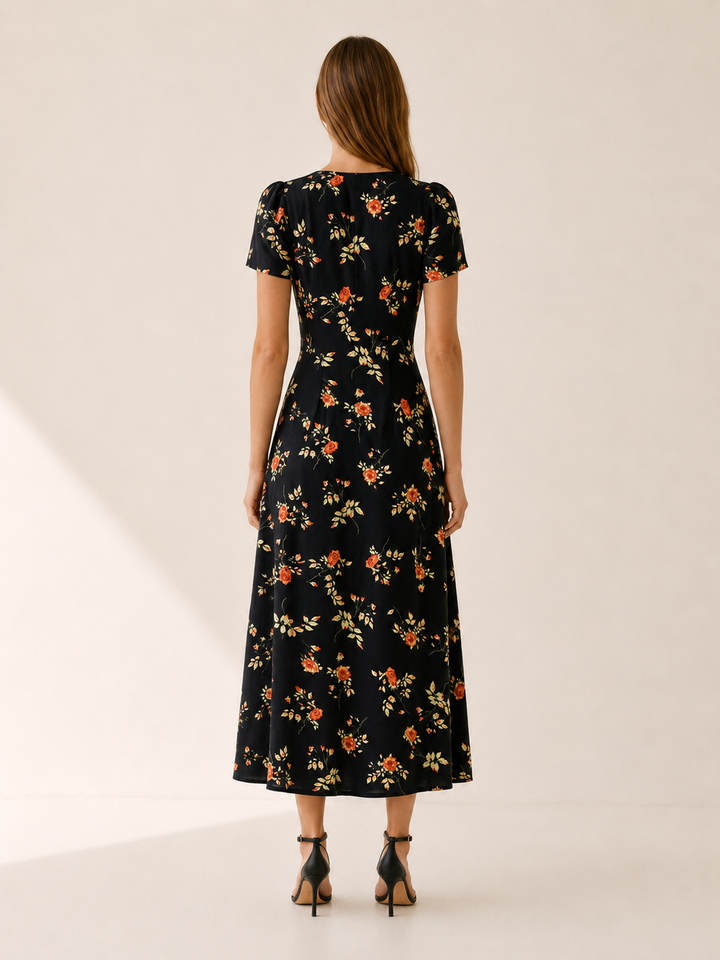 Black Floral Maxi Dress with Button Front – side view