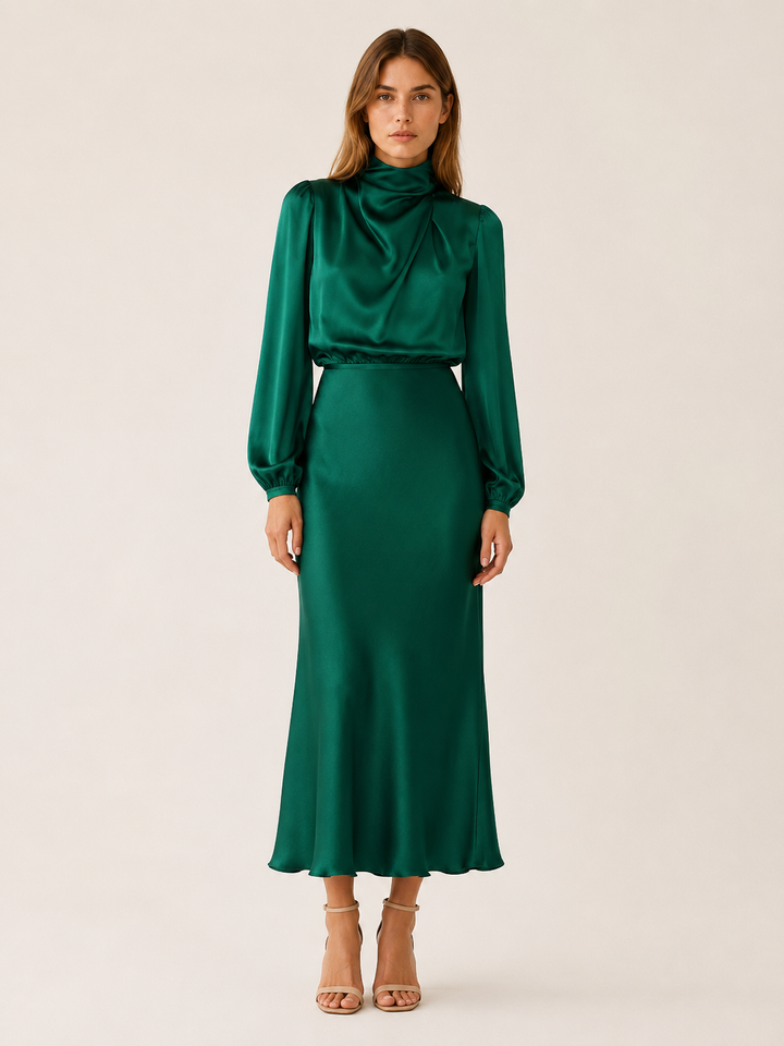 Dark Green Satin Maxi Dress with High Neck and Draped Front – front view