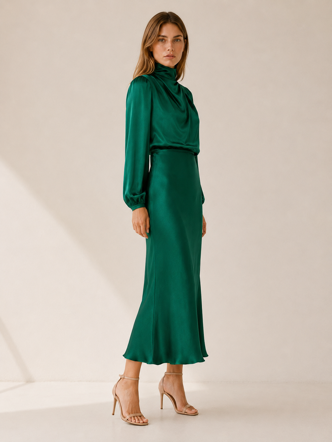Dark Green Satin Maxi Dress with High Neck and Draped Front – side view